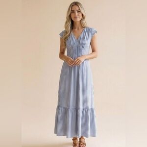 PLEATED BACK SMOCKED WAIST STRIPE WOVEN MAXI DRESS